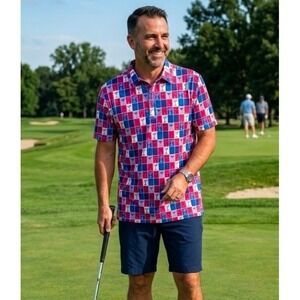 Birdie Bound Mens Golf Polo Shirt Red White Blue Cocktail Print Size 3XL New